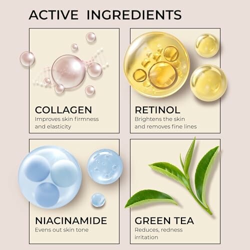 Diagram showing active skincare ingredients: collagen, retinol, niacinamide, green tea.