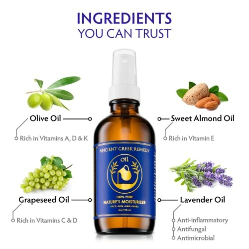 Ancient Greek Remedy Oil with ingredients: olive oil, sweet almond oil, grapeseed oil, lavender oil.