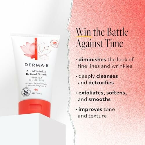 Ad for Derma-E Anti-Wrinkle Retinol Scrub with benefits listed.