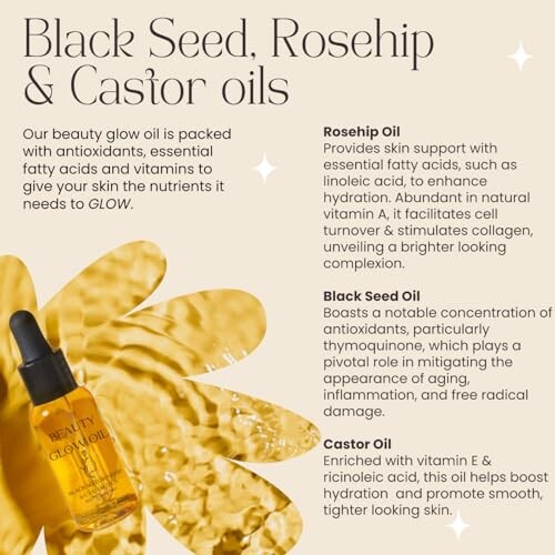 Description of black seed, rosehip, and castor oils with a beauty glow oil bottle.