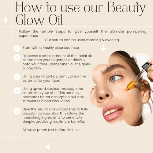 Beauty Glow Oil usage instructions with woman's face and dropper.