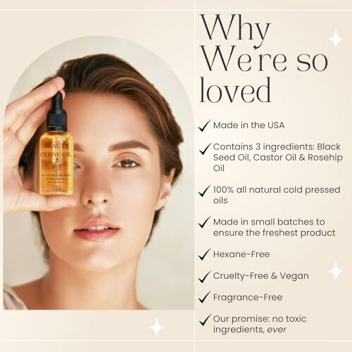 Woman holding Beauty Glow Oil with product benefits listed