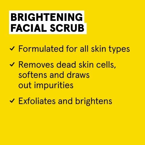 Brightening facial scrub benefits listed on yellow background