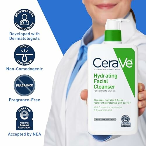 Person holding CeraVe Hydrating Facial Cleanser bottle with dermatologist features.