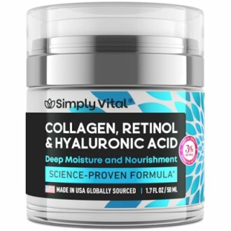 Collagen, Retinol, and Hyaluronic Acid cream jar by Simply Vital.