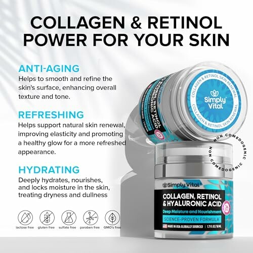 Collagen and retinol skincare products with anti-aging, refreshing, and hydrating benefits.