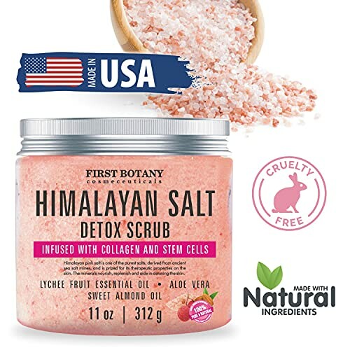 Himalayan salt detox scrub jar with USA flag, cruelty-free and natural ingredients labels.