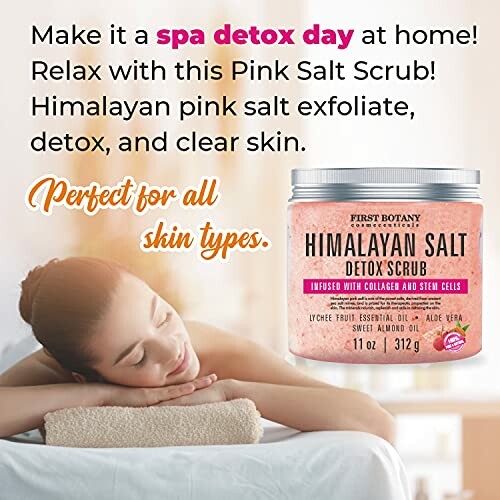 Woman relaxing with Himalayan Salt Detox Scrub description.