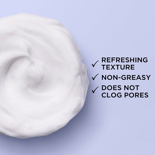 Swirl of white moisturizer with benefits listed: refreshing texture, non-greasy, does not clog pores.