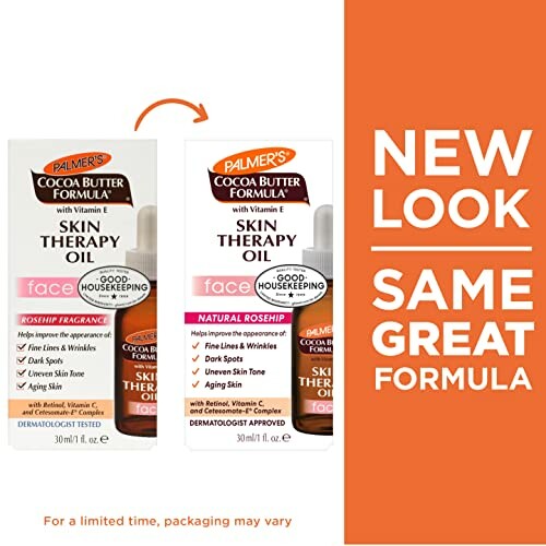 Comparison of Palmer's Cocoa Butter Formula Skin Therapy Oil with new packaging.