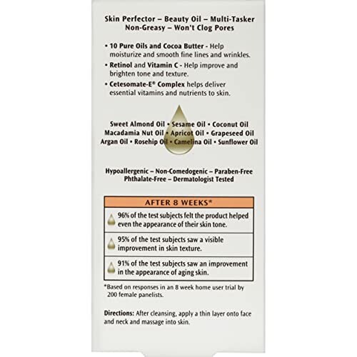 Label of a beauty oil product detailing ingredients and benefits.