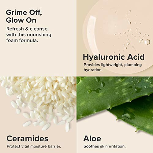 Skincare ingredients: nourishing foam, hyaluronic acid, ceramides, aloe.