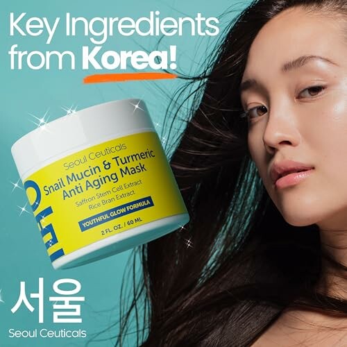 Seoul Ceuticals Snail Mucin & Turmeric Anti Aging Mask with woman and product.