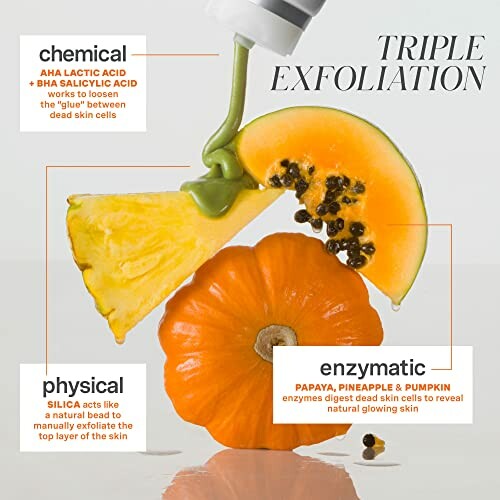 Graphic showing triple exfoliation with pineapple, pumpkin, and skincare product.