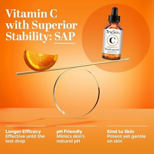 Vitamin C serum bottle balanced with an orange slice on a glass ring.