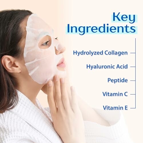 Woman wearing facial mask with key ingredients listed: Hydrolyzed Collagen, Hyaluronic Acid, Peptide, Vitamin C, Vitamin E.